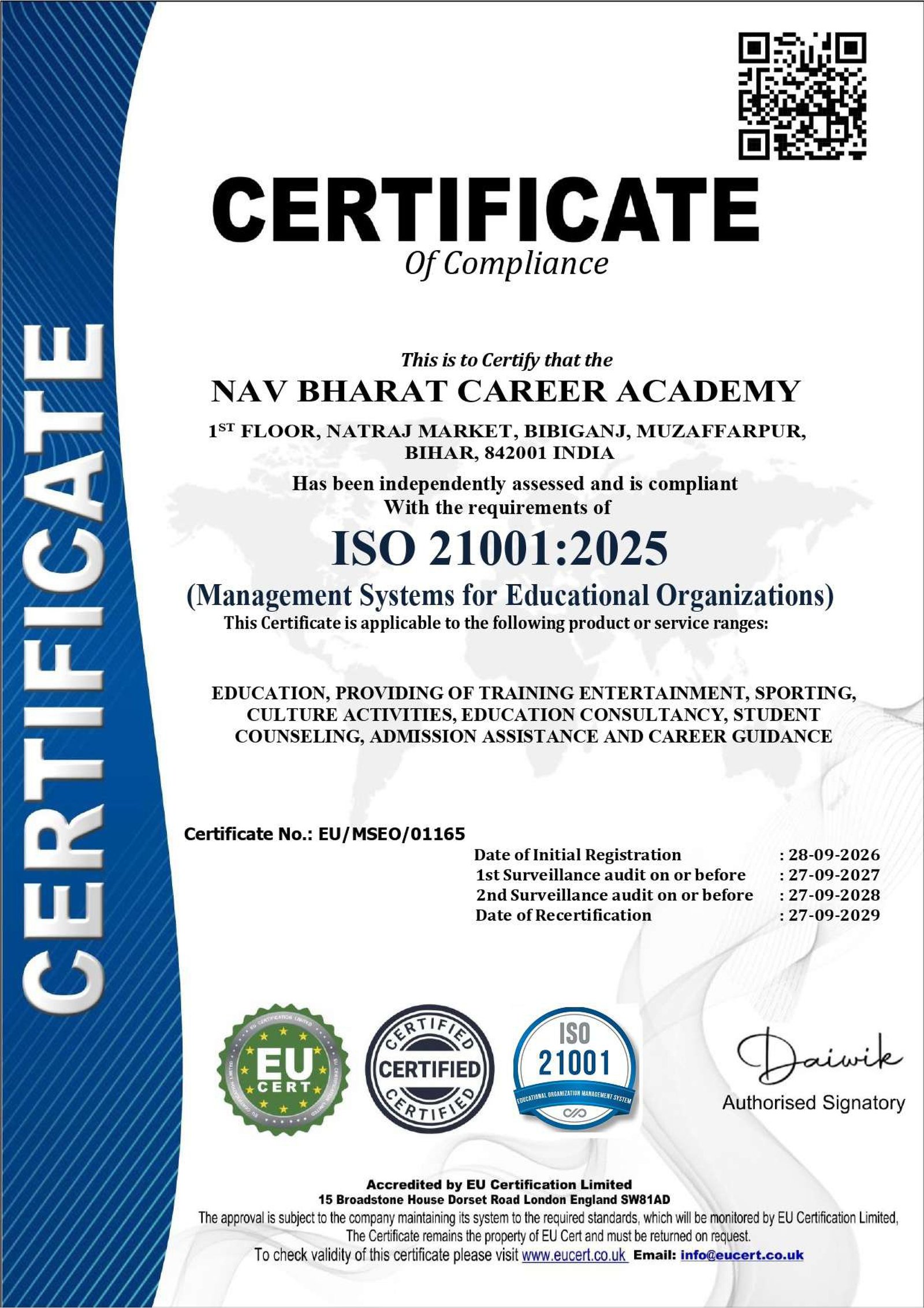 ISO 21001:2025 Certificate